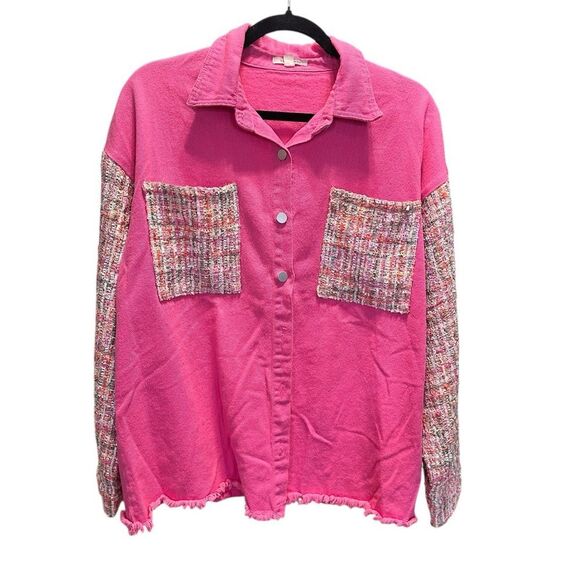 EUC And The Why Pink Tweed Raw Hem Drop Shoulder Denim Shacket Jacket - Size 8 - Picture 8 of 10